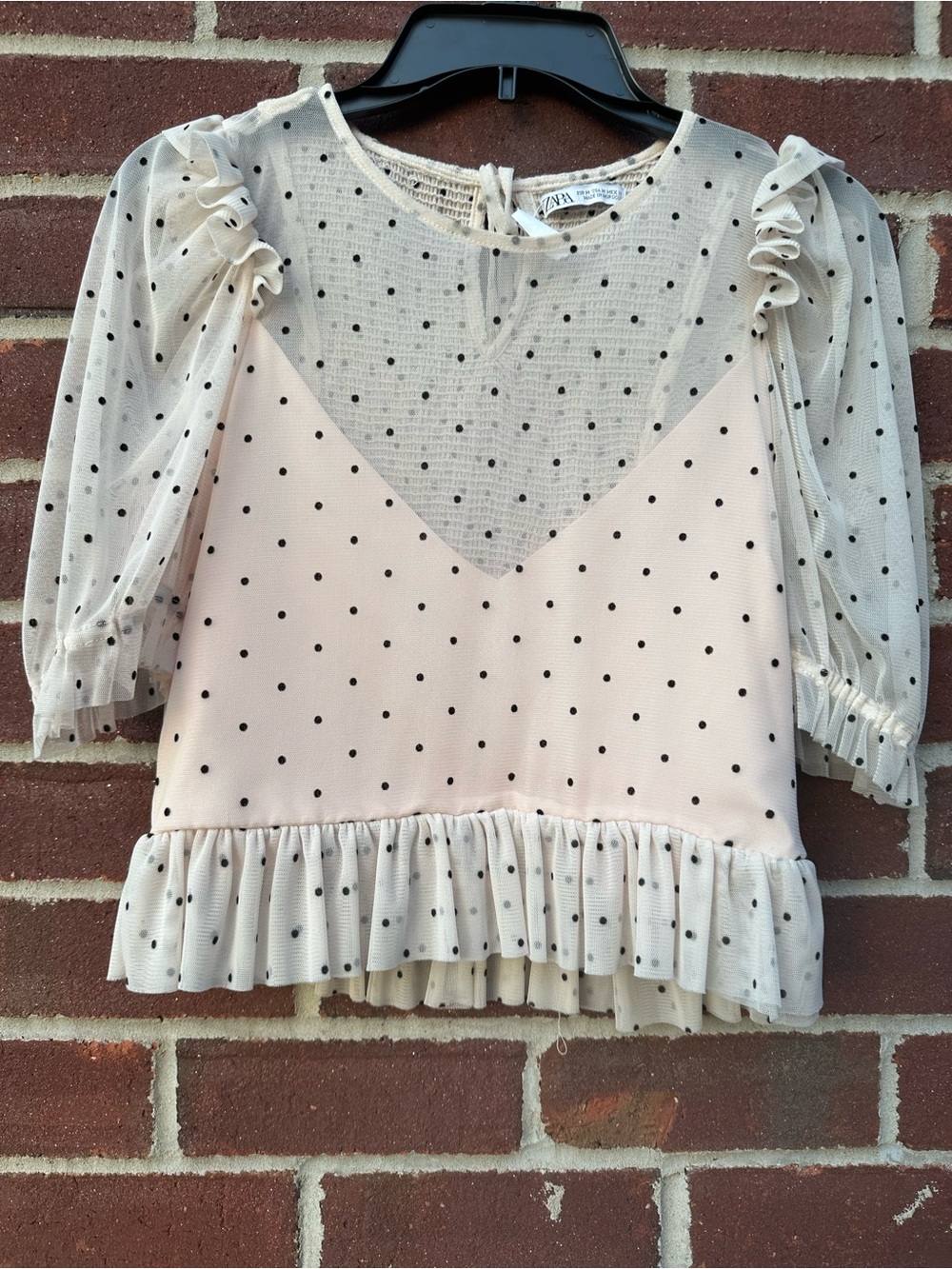 Zara Cream and Black Polka Dot Ruffle Crop Top Size Medium